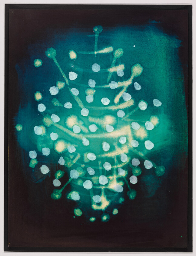 Glowing teal abstract tree shape with round light dots against a dark background.