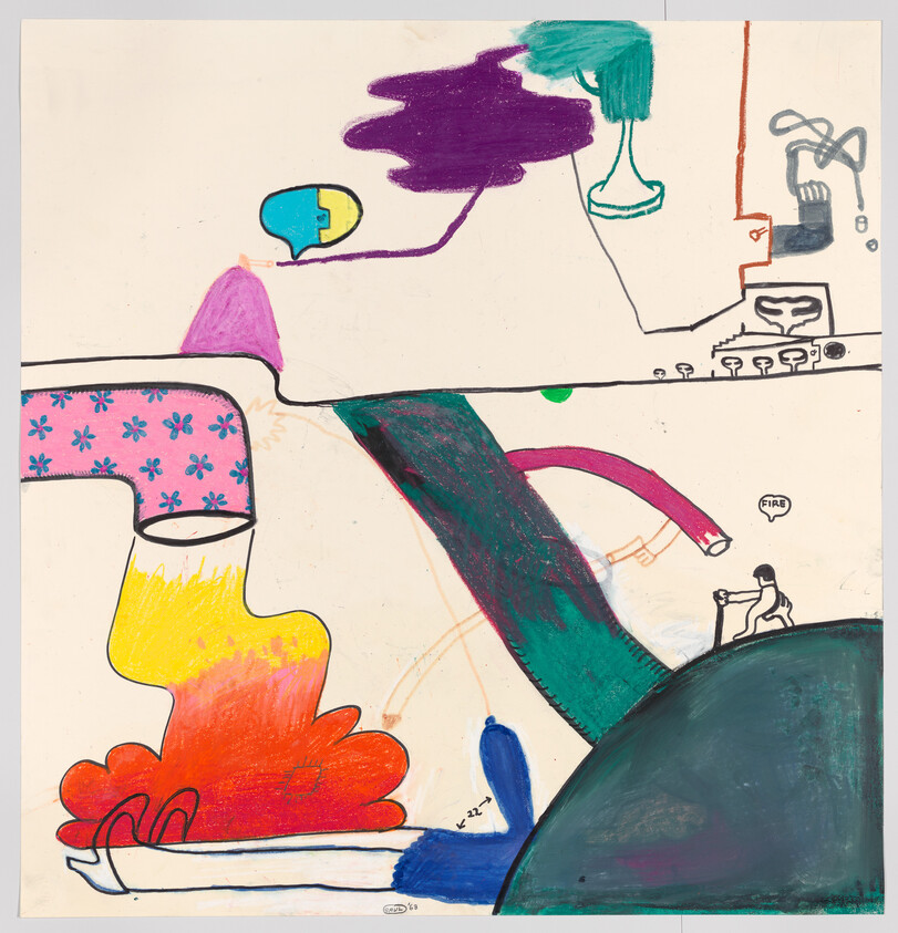 Large colorful abstract shapes flow from pipes while a small figure near a hill says "Fire".