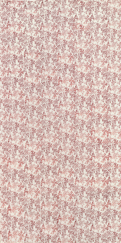 A seamless floral pattern with small red flowers and leaves on a pale background, suitable for wallpaper or fabric design.