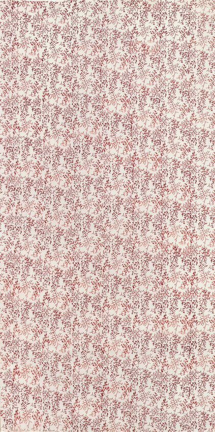 Dense pattern of small red floral sprigs scattered across an off-white background.