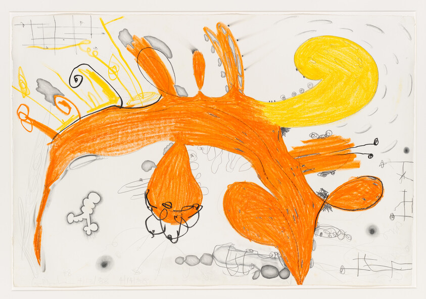 Large orange abstract creature with a yellow tail and scattered gray doodles on white background.