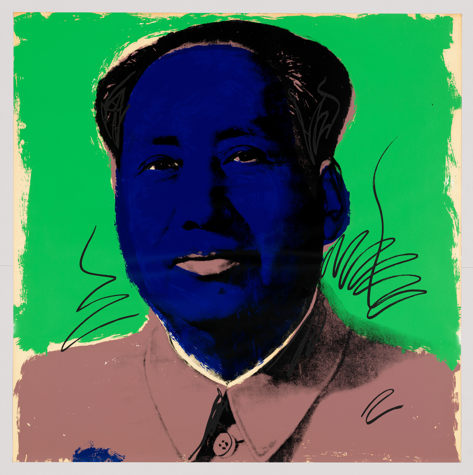 Stylized portrait of a man with a deep blue face and green background with scribbled lines.