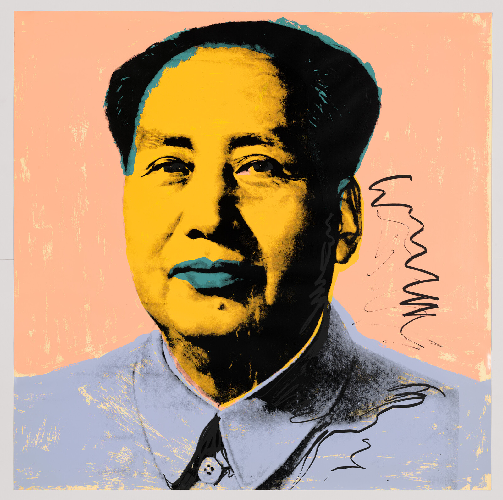 Stylized pop-art portrait of a man with a yellow face, teal lips, and peach background.