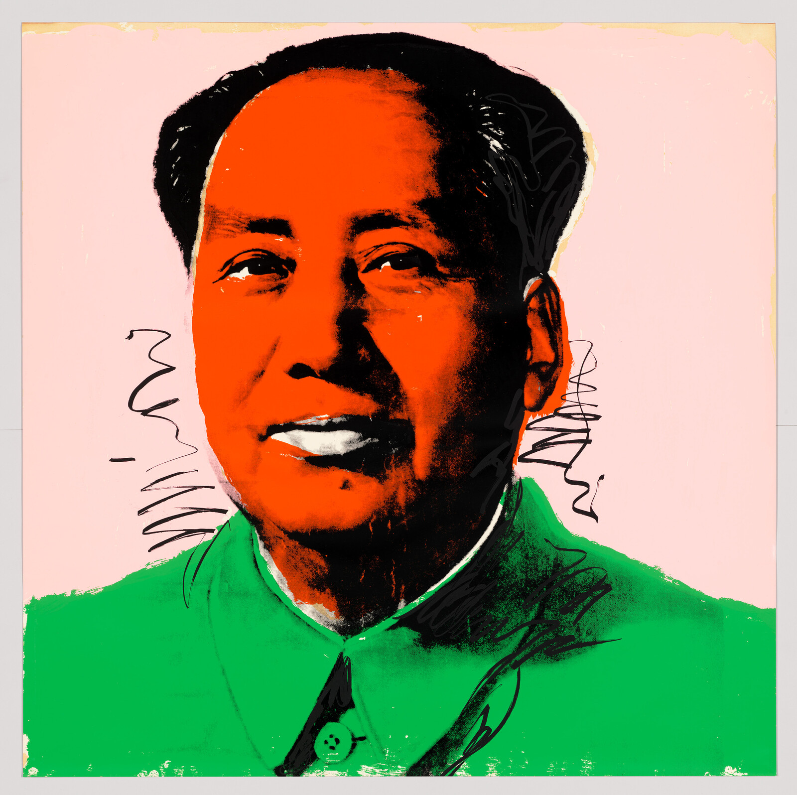 A bold, colorful portrait of a smiling man with a bright red face and green coat.