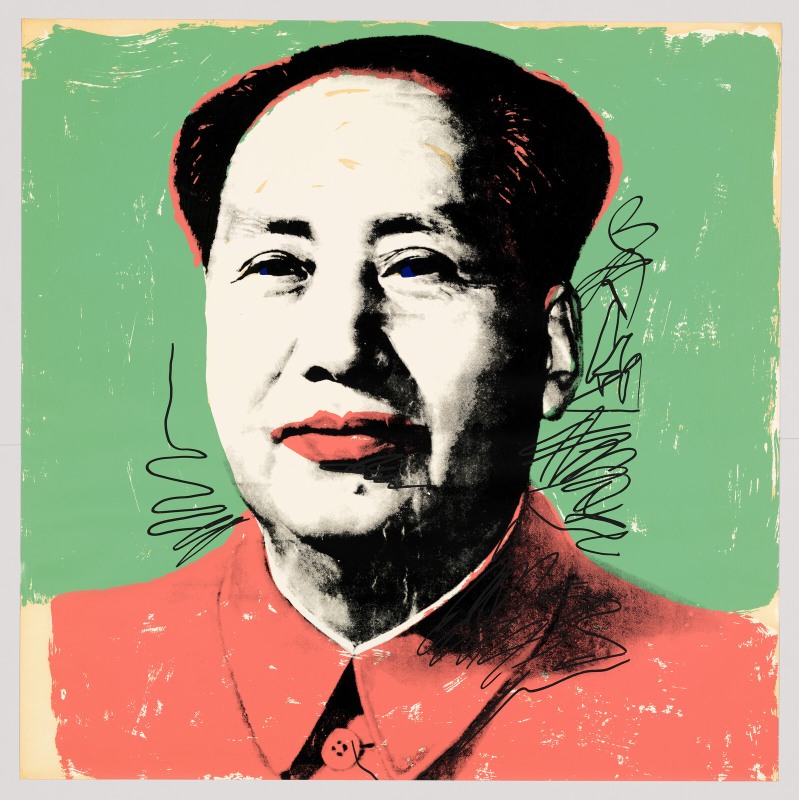 Stylized portrait of a man with a red collar, green background, blue eyes, red lips, and scribbled lines.