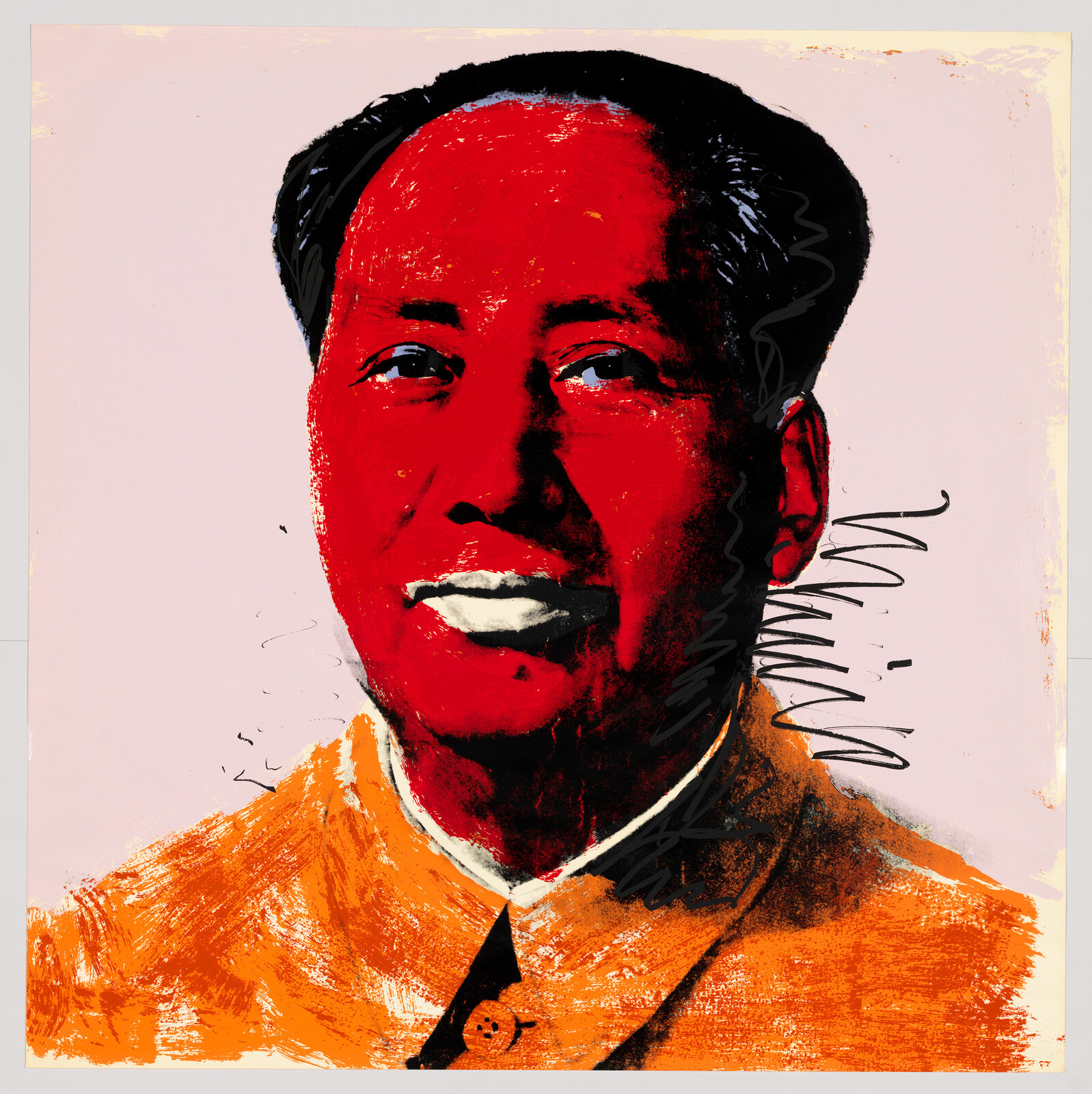 A bold painted portrait of a smiling man with a red face and orange jacket.