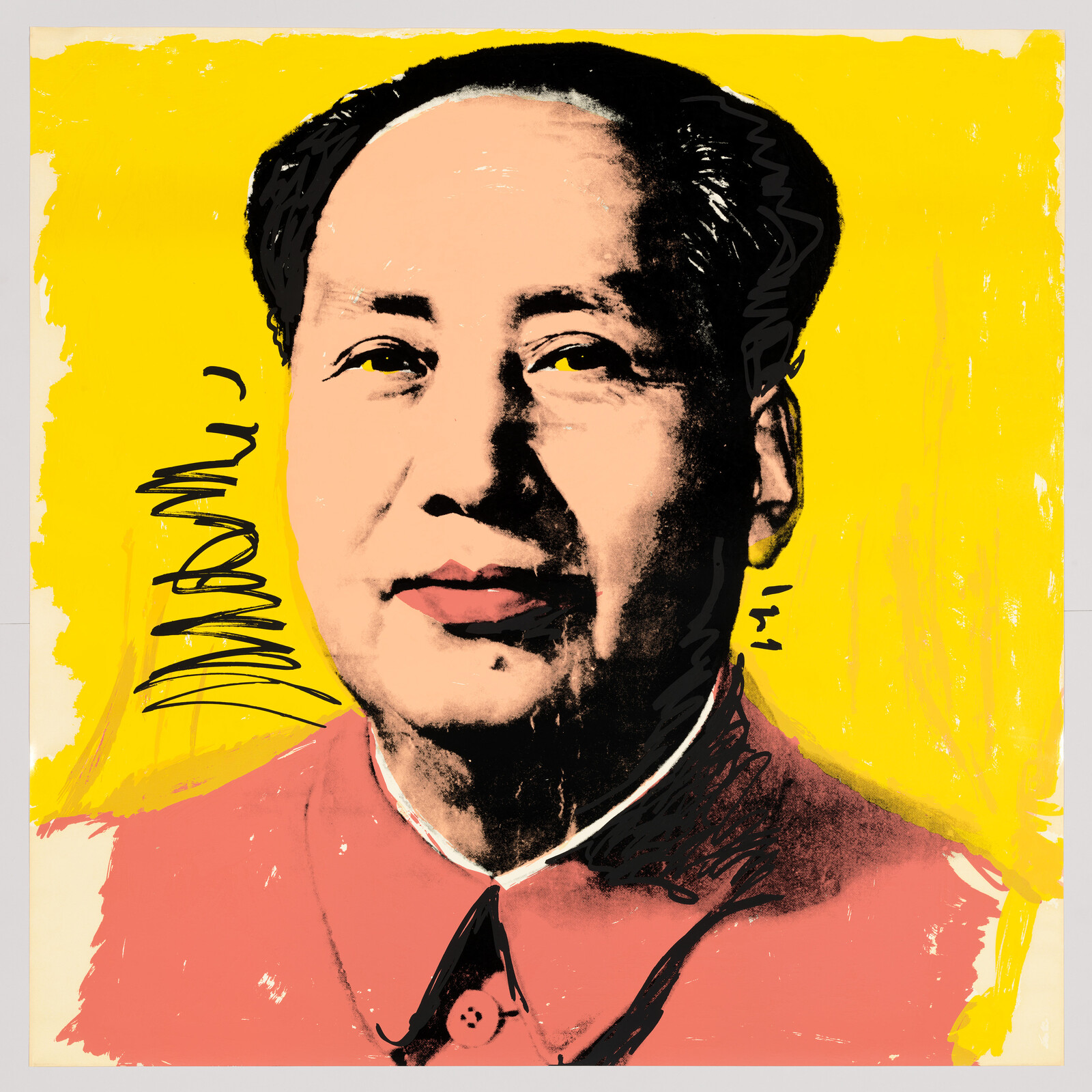 A large stylized portrait of an older man wearing a red jacket against a yellow background.