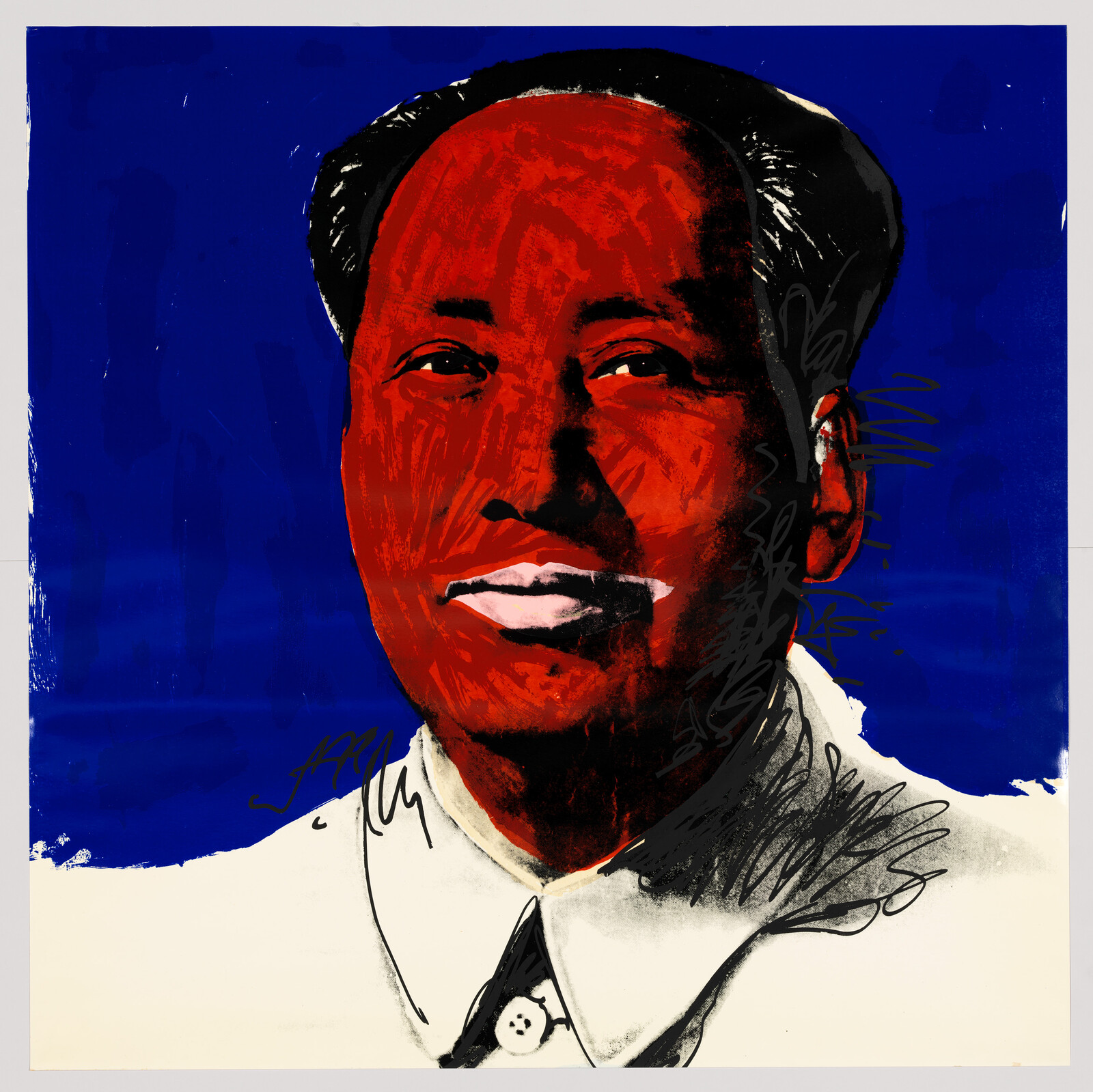 A stylized portrait of a person with a red-painted face against a deep blue background.