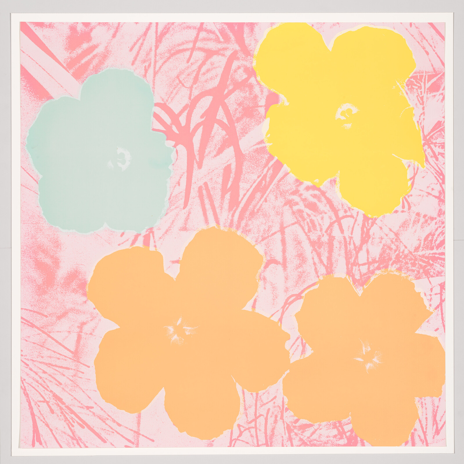 Five large flat-colored flowers in pastel yellow, orange, and mint float over a pink patterned background.
