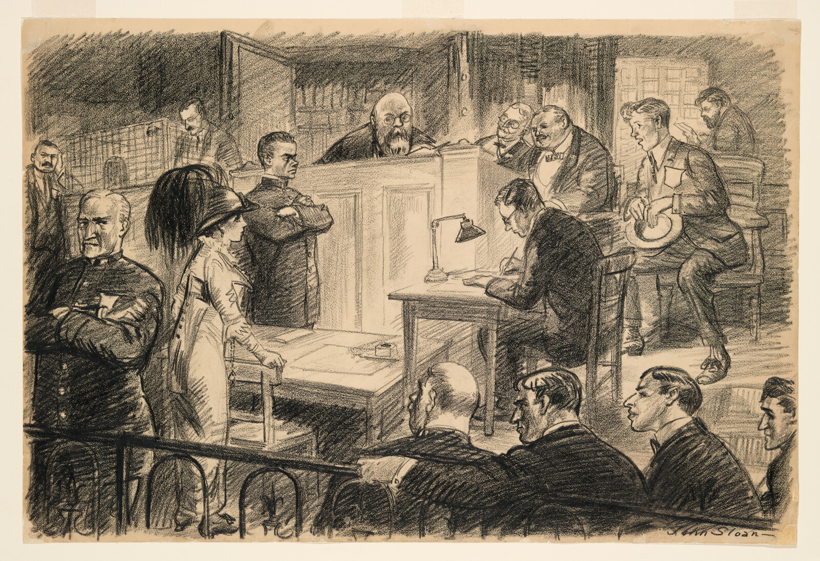A woman in a large hat stands by the defense table as a clerk writes and the judge looks on.