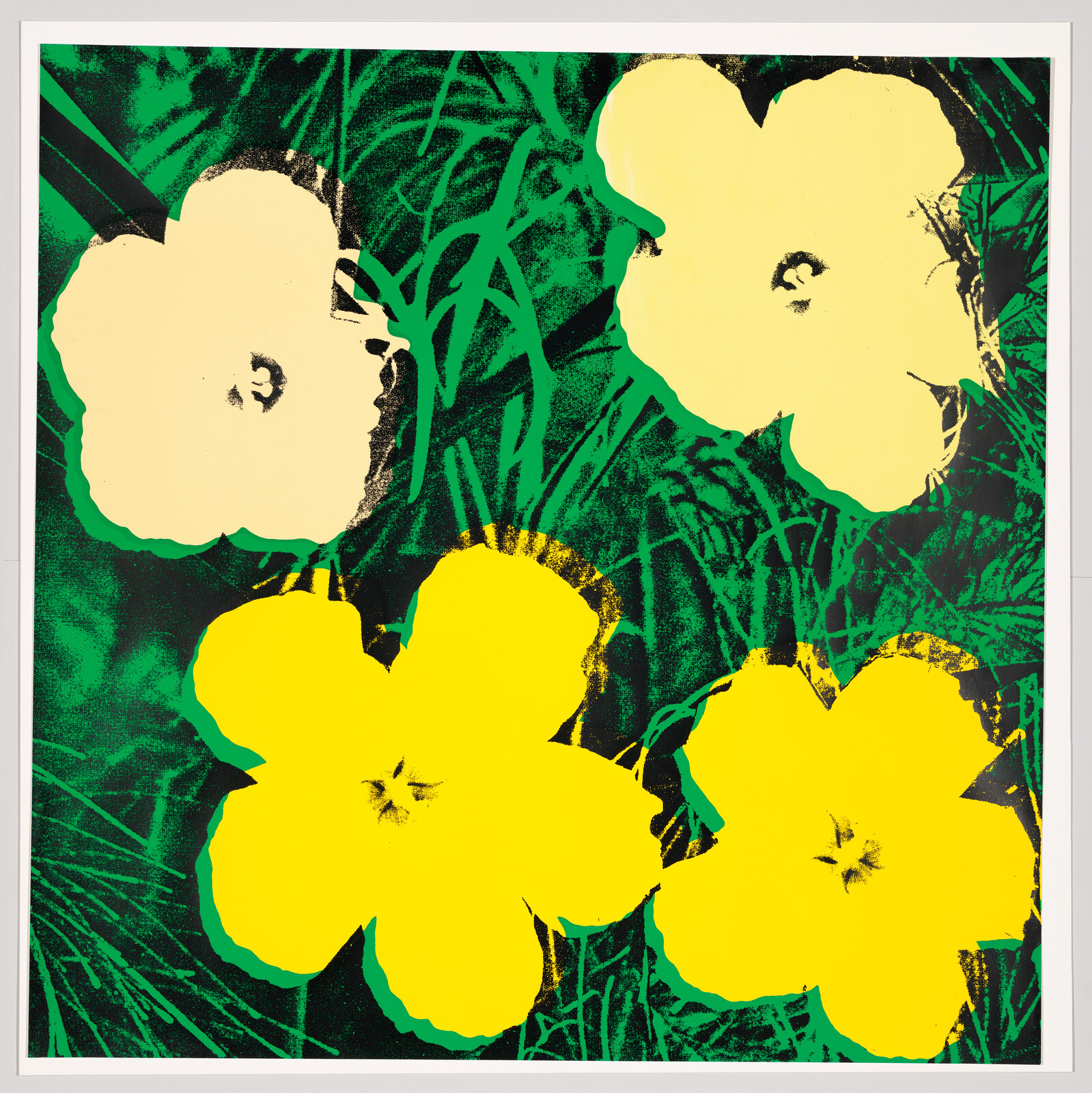Four large stylized yellow flowers set against a textured green background.