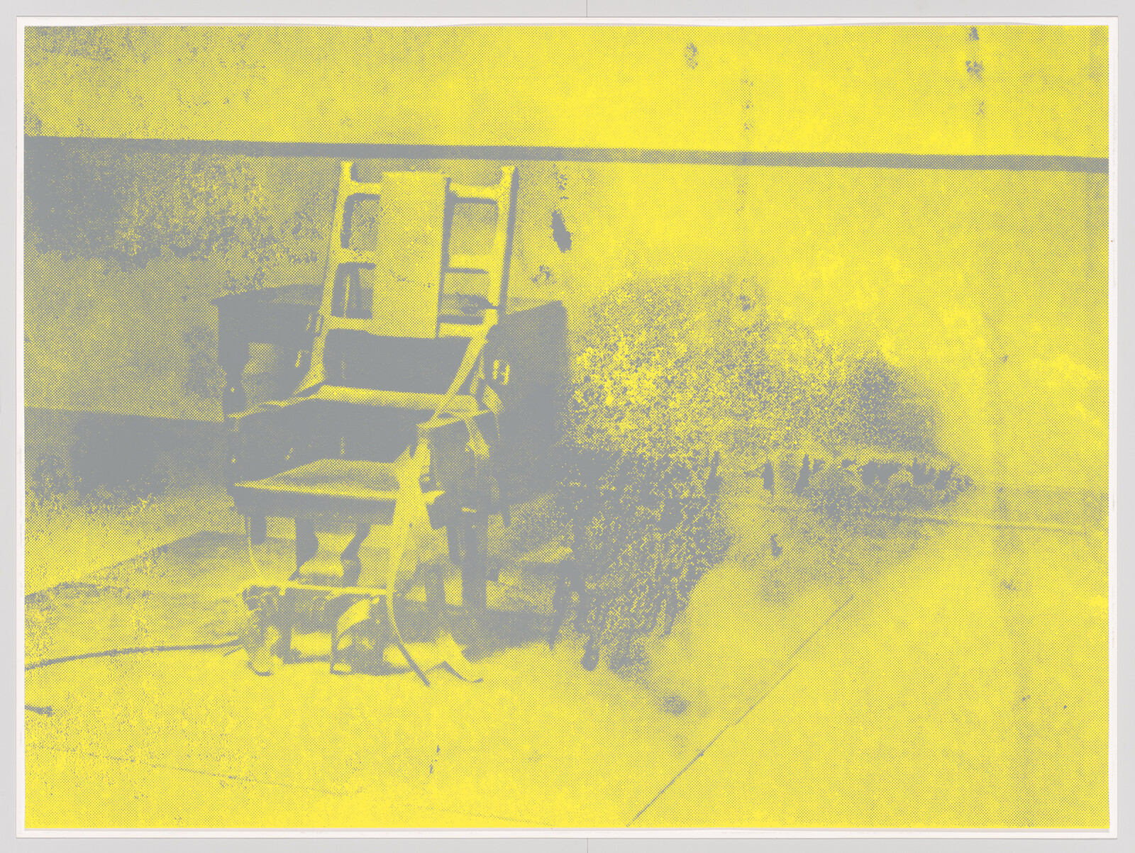 An empty electric chair sits in a sparse room with worn walls and floor.