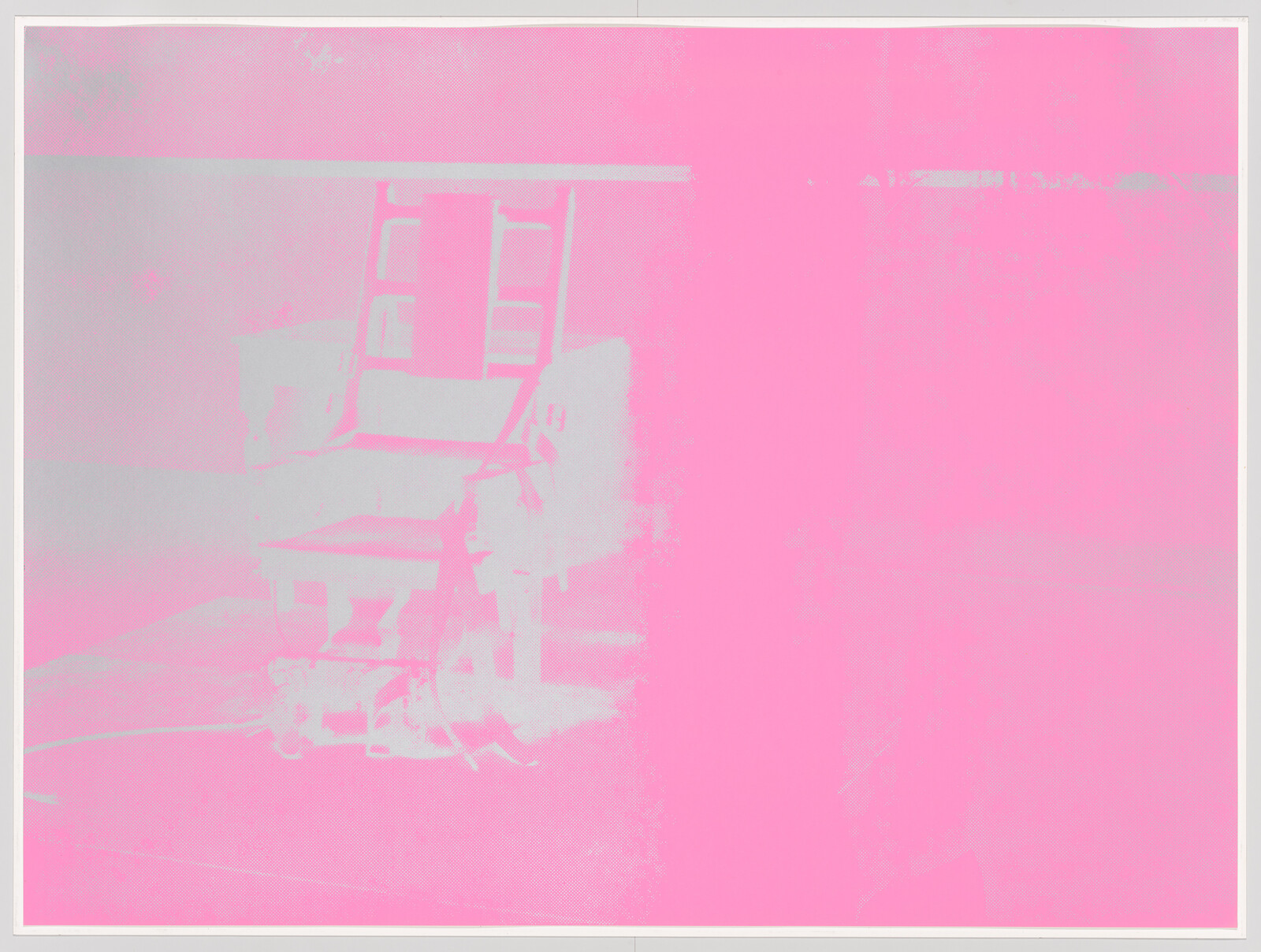 An electric chair with straps and machinery sitting against a pale wall.