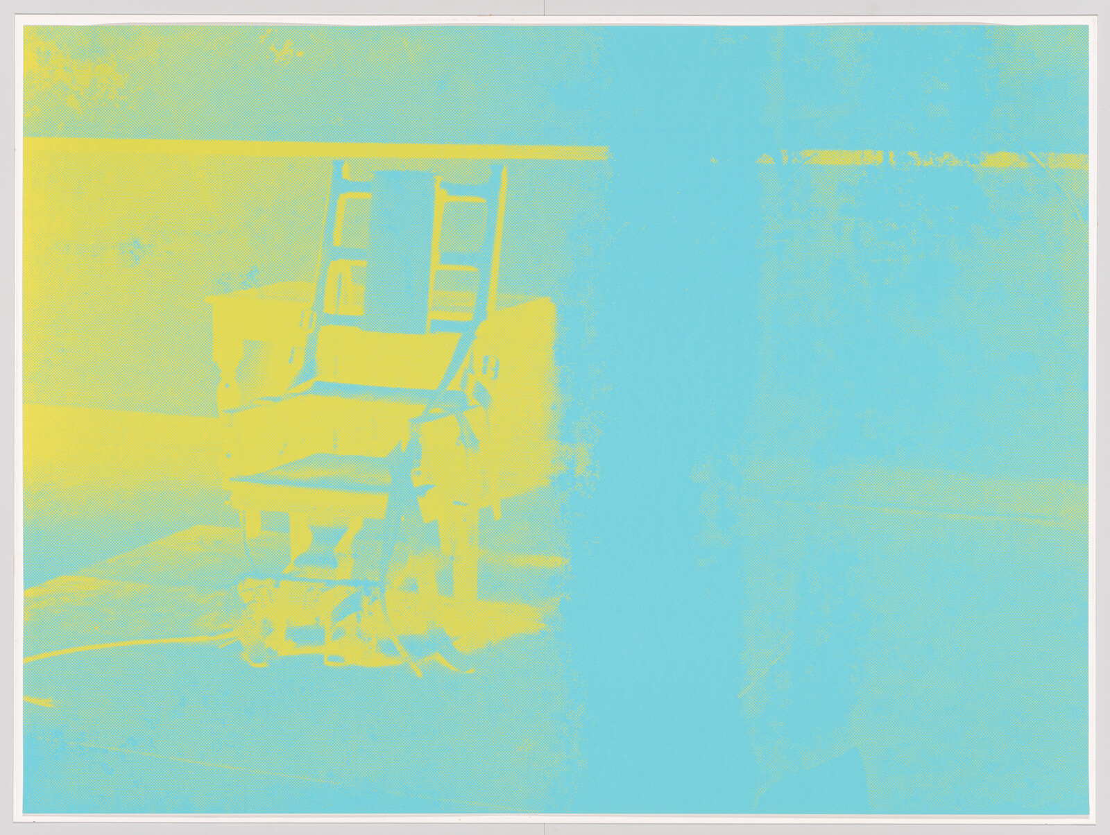 A worn electric chair sits in a room with visible straps and wiring.