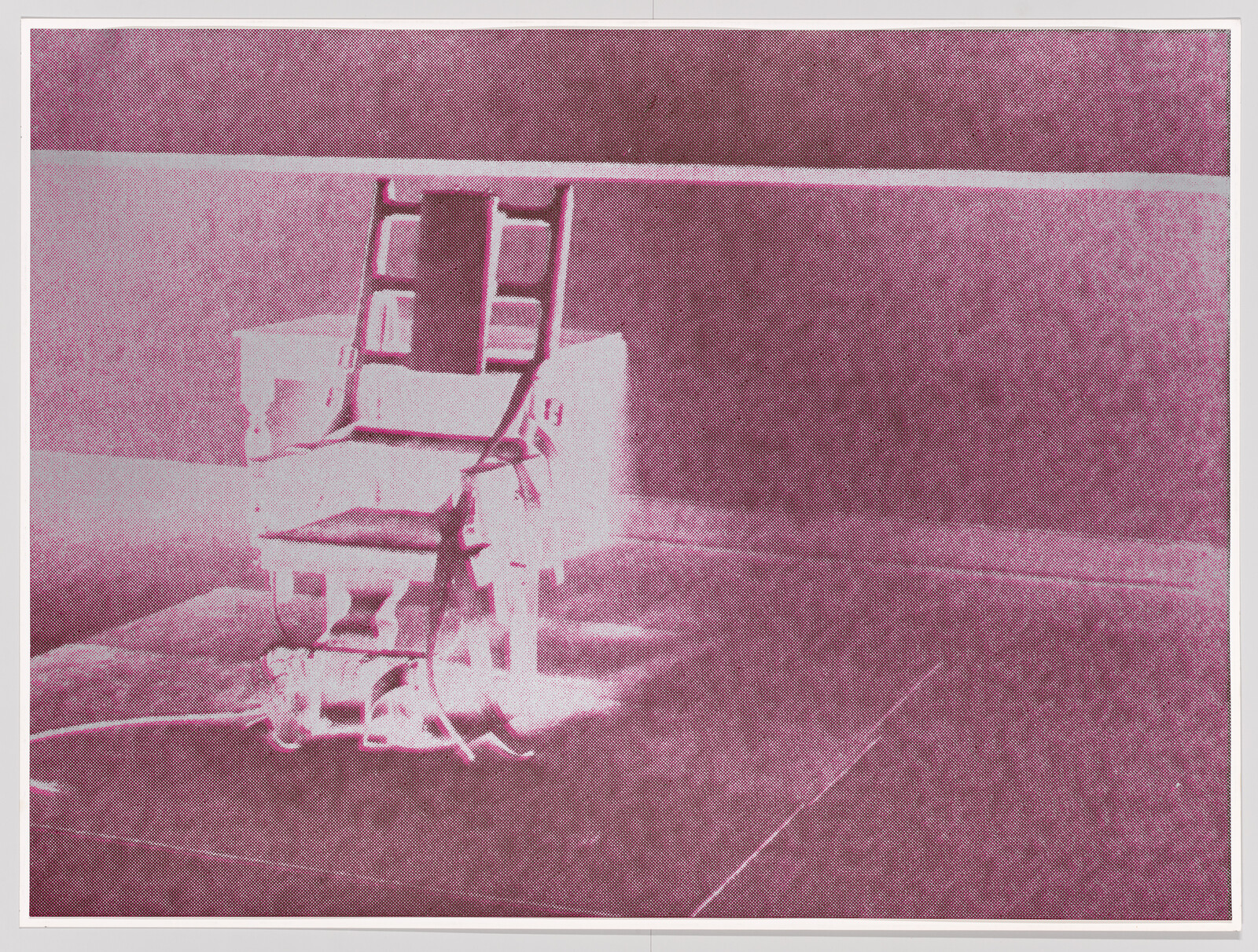 An electric chair with straps and cables sits alone on a tiled room floor.