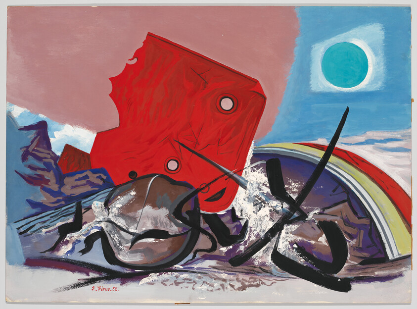 Large red geometric form looms over broken rocks and bold black brushstrokes under a turquoise sun.