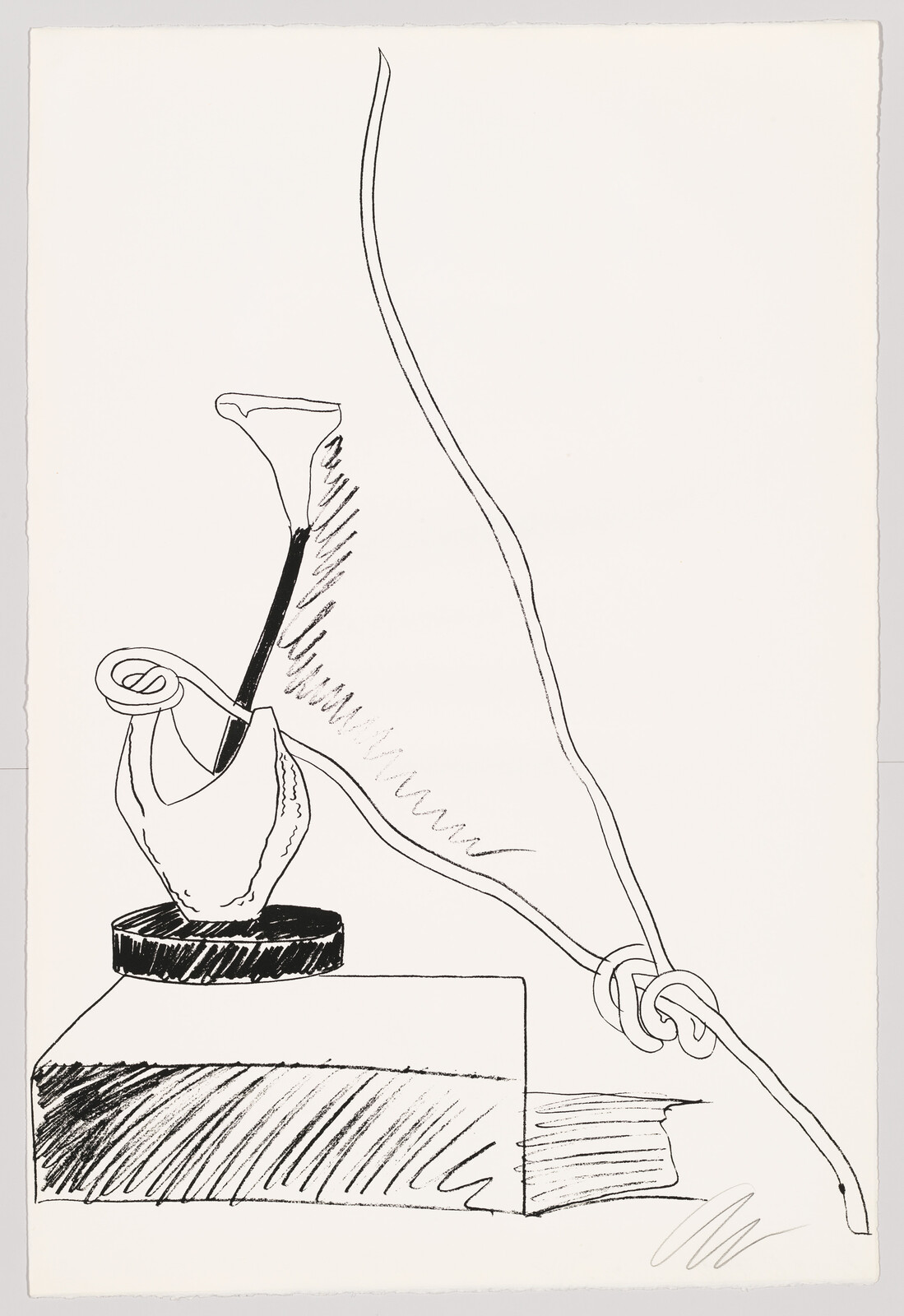 A black and white line drawing depicting an abstract composition with a large, curved line dominating the left side, a vase-like object in the center with a circular element, and a rectangular base with hatched shading on the bottom right.