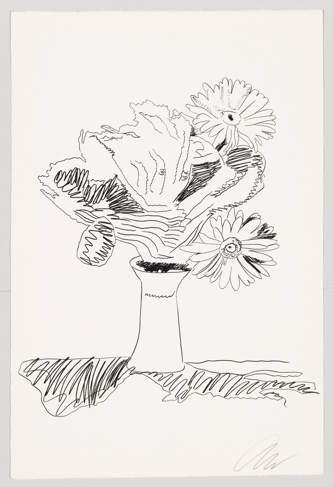 A black and white line drawing of a floral arrangement in a vase, featuring large, loosely sketched flowers with prominent petals and leaves, set on a table with a reflection or shadow beneath. The artist's signature is visible in the lower right corner.