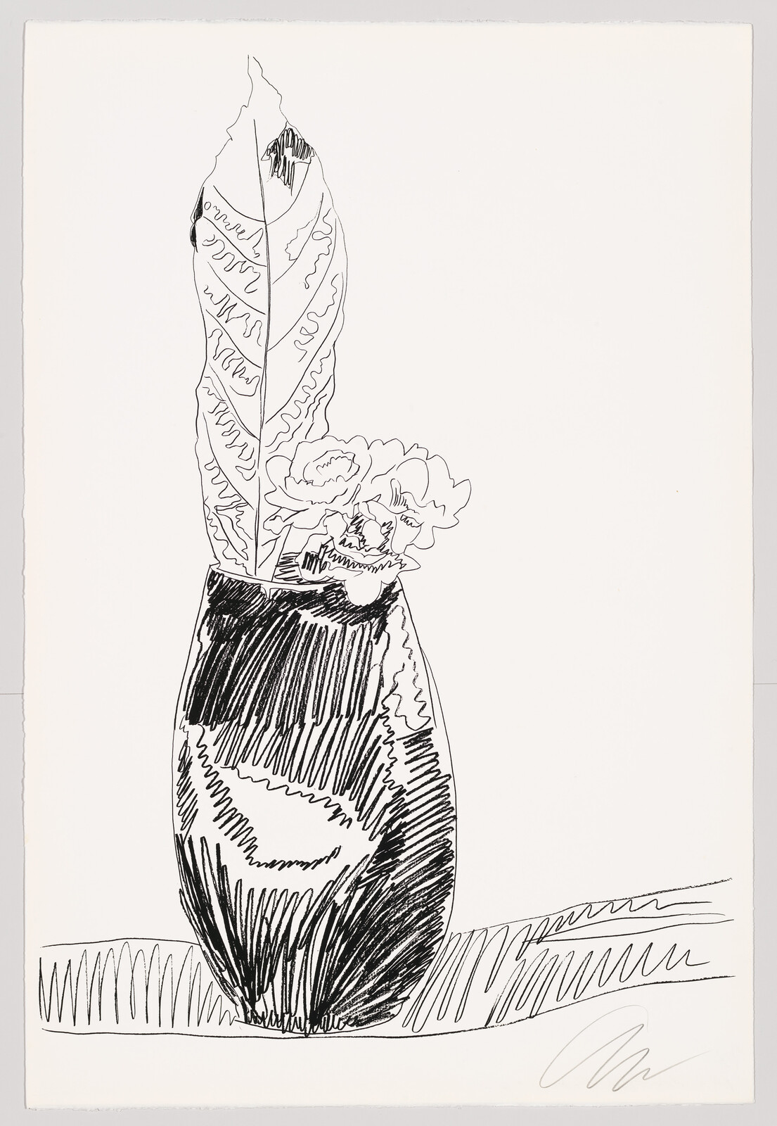 A black and white ink sketch of a tall leafy plant in a patterned vase, with a couple of flowers nestled at the base of the leaf. The drawing is done in a loose, expressive style with visible strokes and lines, and it's signed at the bottom right corner.