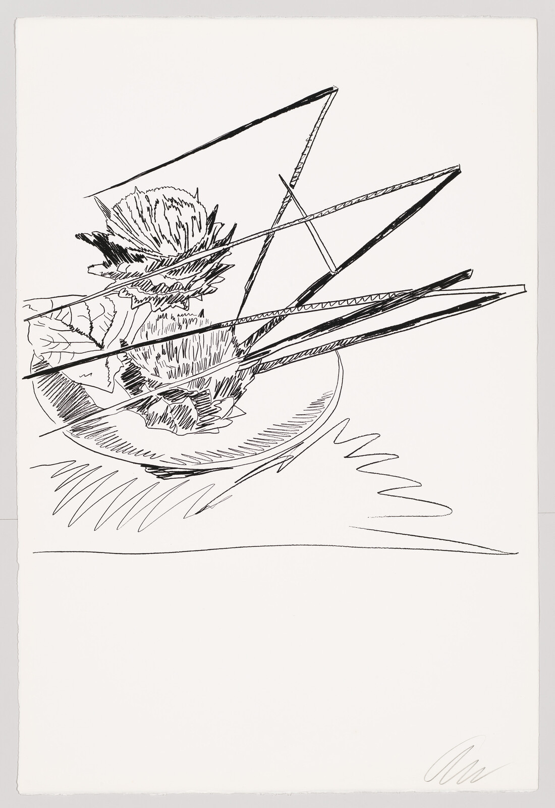 A black and white ink drawing depicting an abstract composition with dynamic lines and shapes that suggest a still life with a flower and geometric elements, signed by the artist at the bottom right corner.