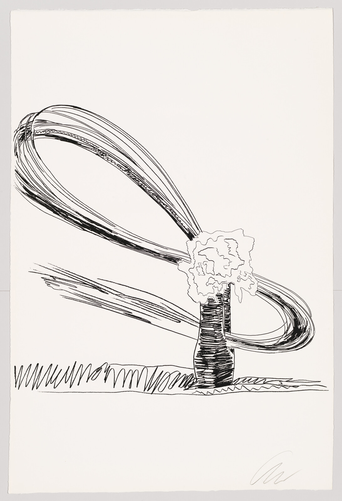 A black and white ink drawing of a stylized industrial smokestack with billowing smoke, which morphs into looping lines that dominate the composition, set against a blank background. The bottom of the image features a simple representation of grass or ground. The artwork is signed in the lower right corner.
