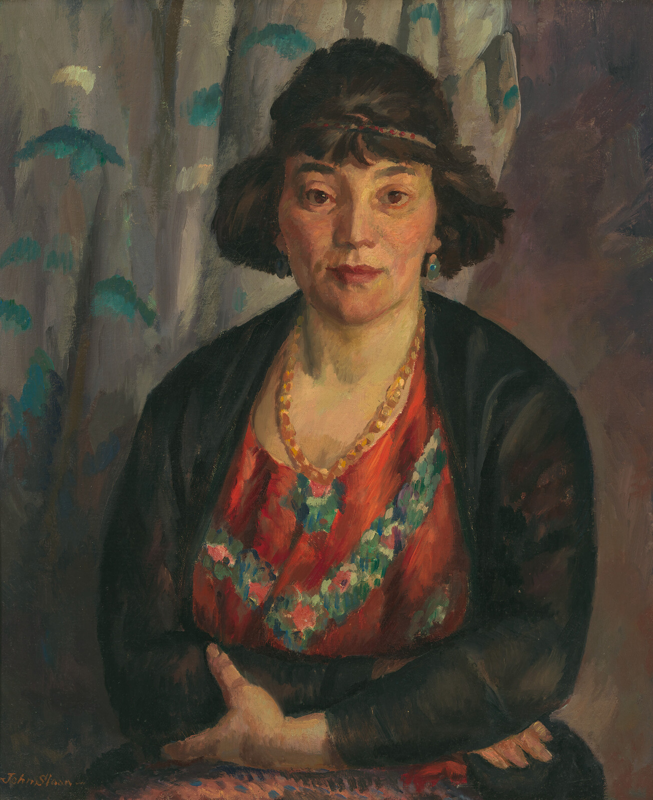 Portrait of a woman with a floral dress and a headband, seated with folded arms, painted in an impressionist style.