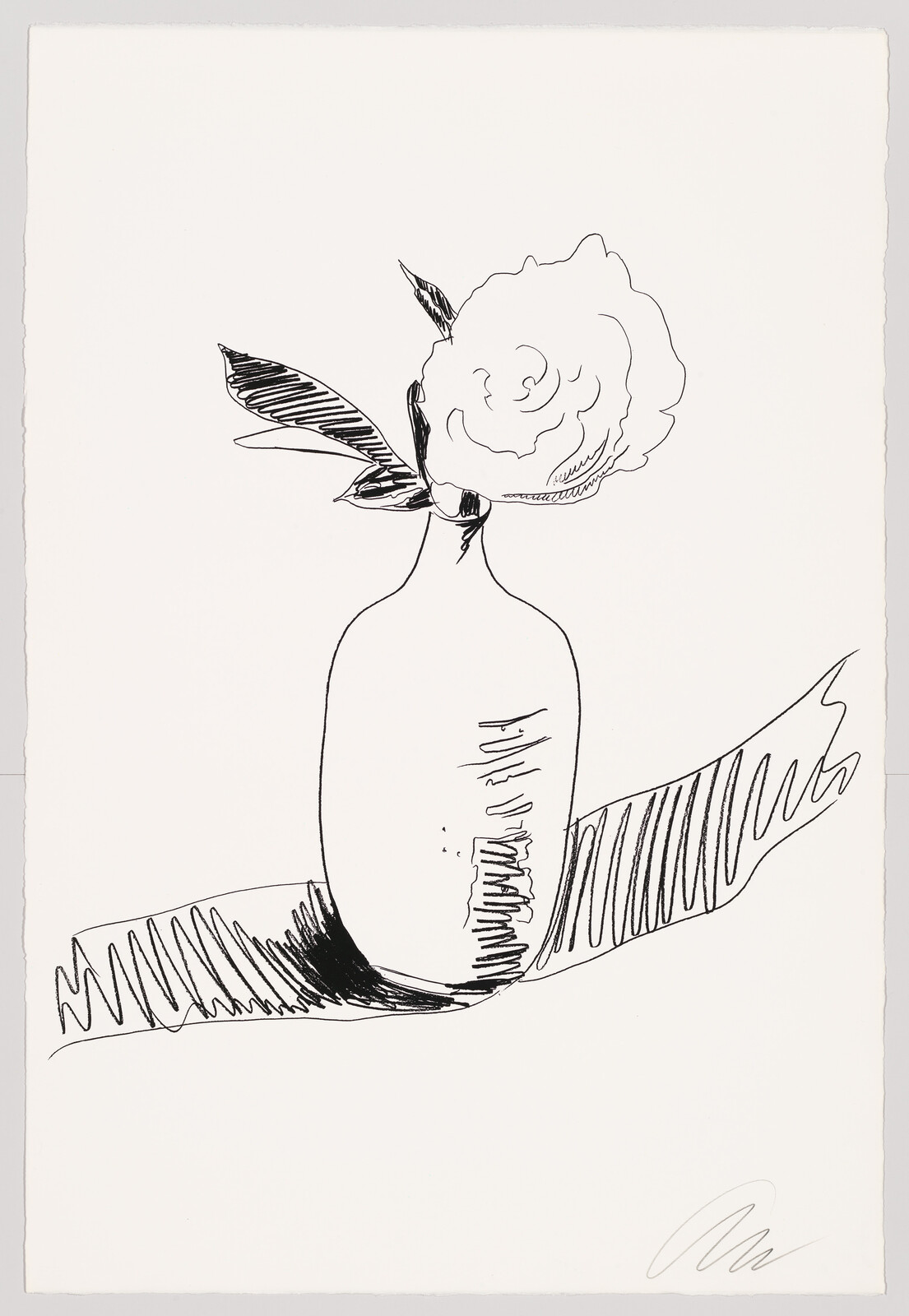 A black and white ink drawing depicting a stylized vase with a large, round flower and two leaves. The vase sits on a surface with a wavy, striped pattern, and there is a signature in the lower right corner. The artwork has a minimalist and abstract feel.