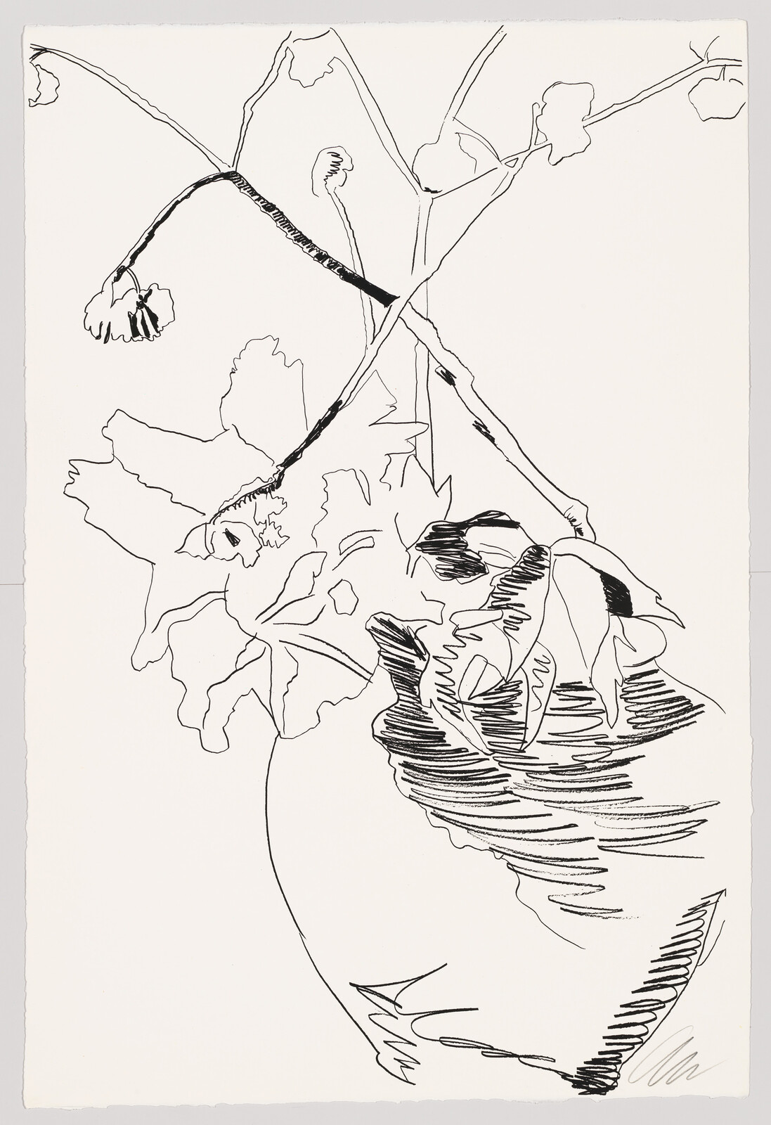 A black and white line drawing depicting a vase with a floral arrangement. The vase is illustrated with bold, swirling lines, while the flowers and leaves are more delicately outlined, showing a contrast in textures. The composition is asymmetrical, with some leaves and flower buds extending beyond the vase's rim.