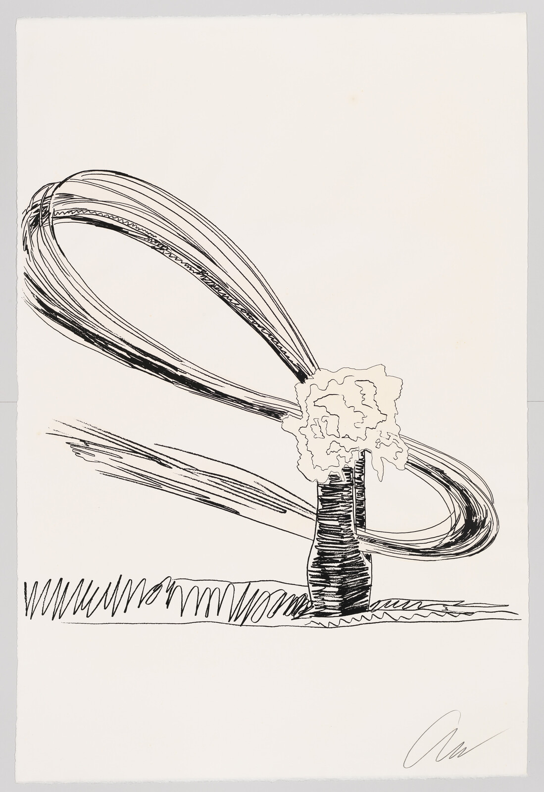 A black and white sketch of a stylized industrial smokestack emitting a cloud of smoke that loops back towards the ground, creating an abstract ribbon-like effect against a blank background. The ground is represented by a simple wavy line, and the artist's signature is visible in the lower right corner.