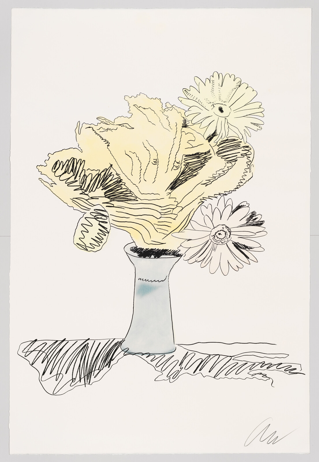 Illustration of a stylized bouquet of flowers in a vase, featuring bold outlines with minimal color, predominantly in yellow and blue, with the artist's signature at the bottom right.