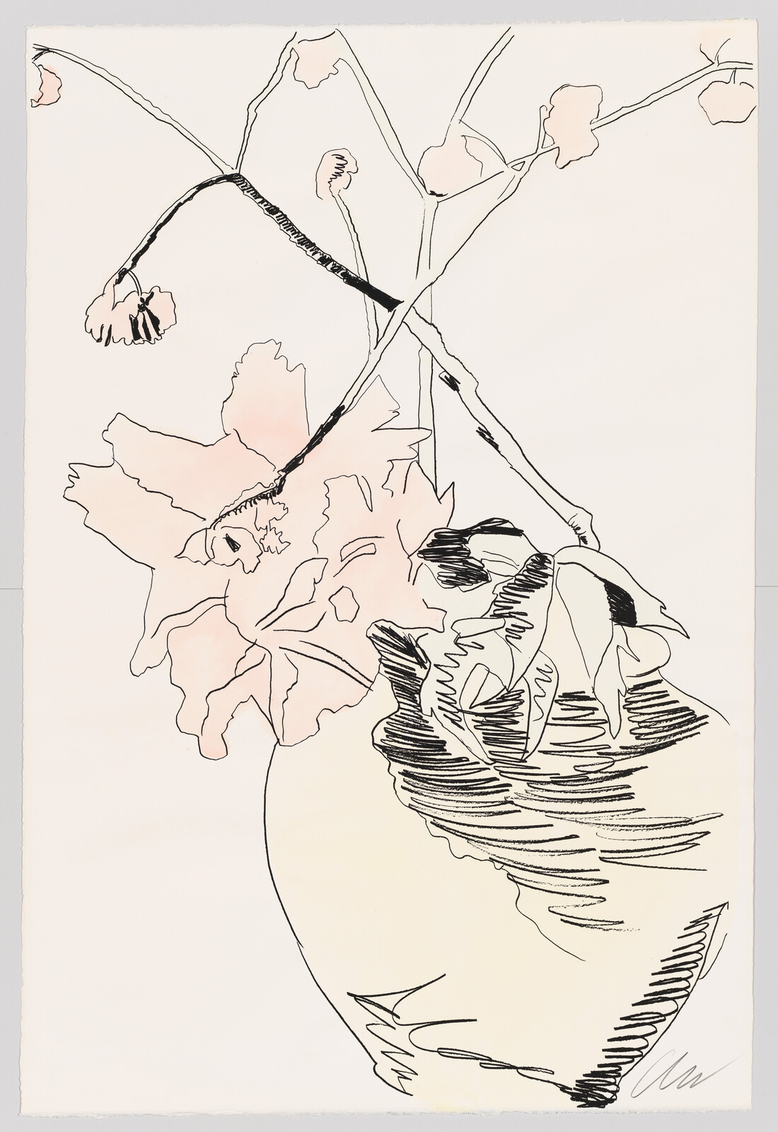 A line drawing of a flower arrangement with a large, central flower in bloom, accompanied by several buds and leaves on slender stems, all contained within a textured vase. The artwork uses minimal color, with pale pink highlights on the flower petals and leaves, against a white background. The artist's signature is visible at the bottom right corner.