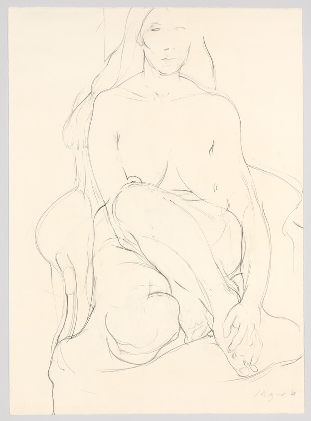 A pencil sketch of a seated nude woman with crossed legs and one hand on her foot.