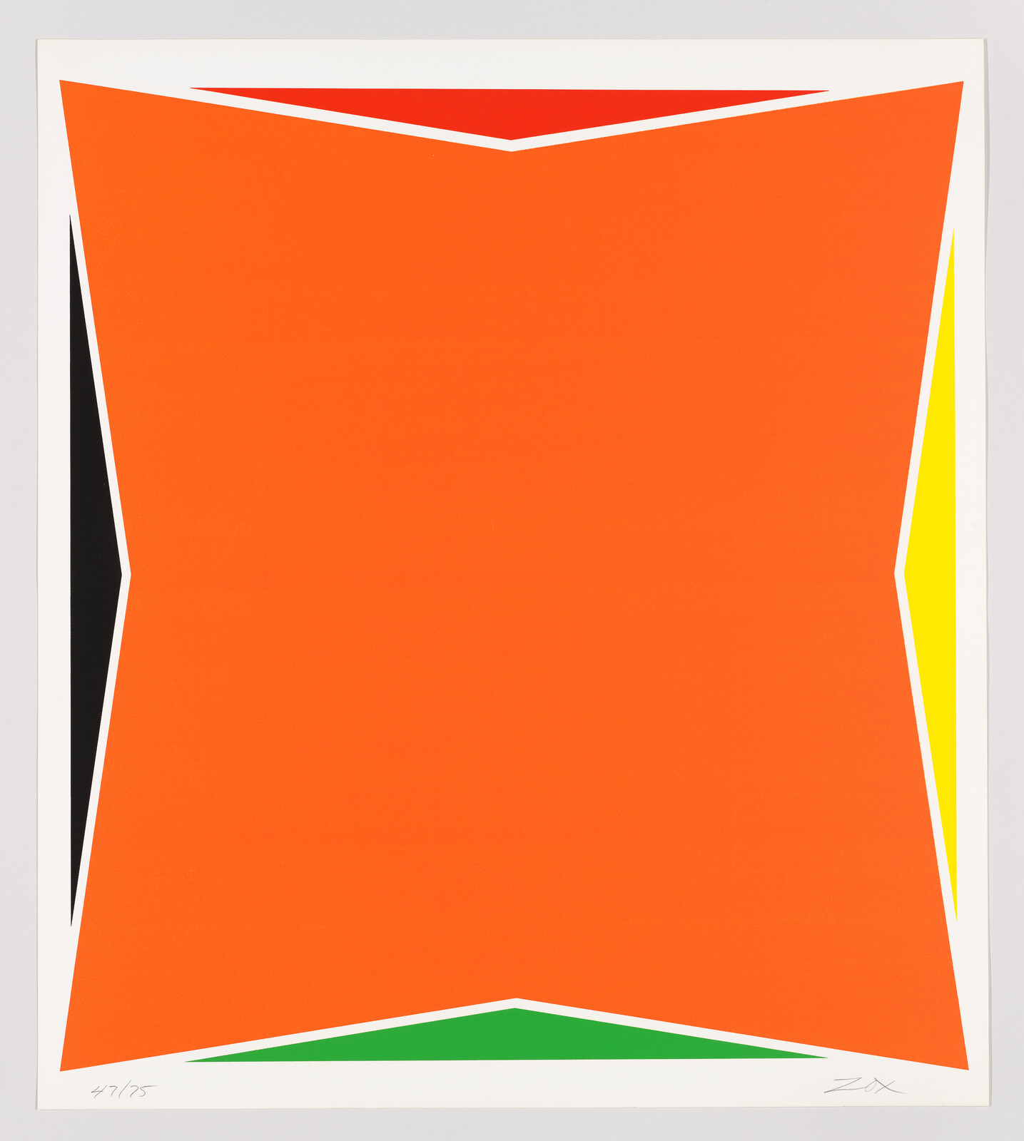 Bright orange geometric shape with white borders and colored triangular accents in each corner.