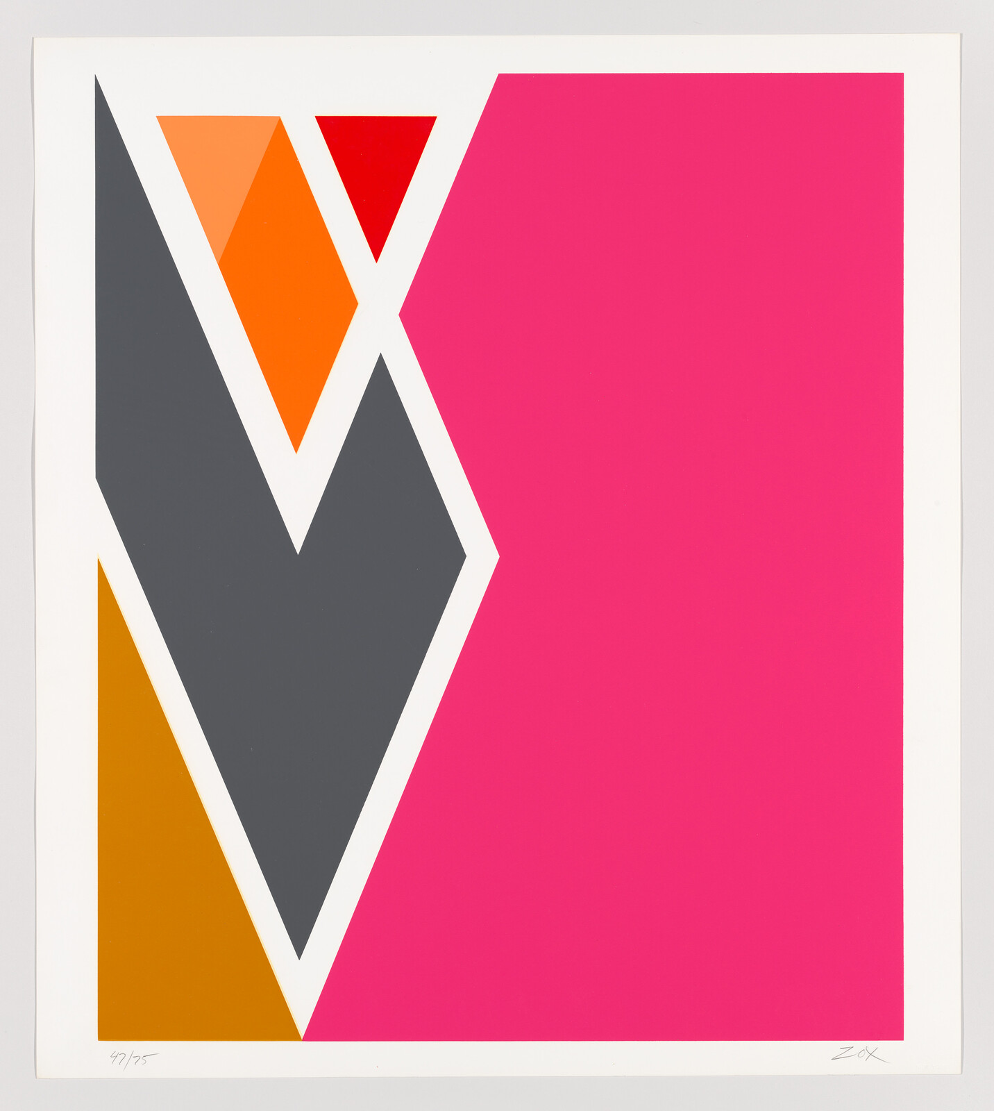 Bold abstract geometric composition with large pink field, gray chevron, and orange and red triangles.