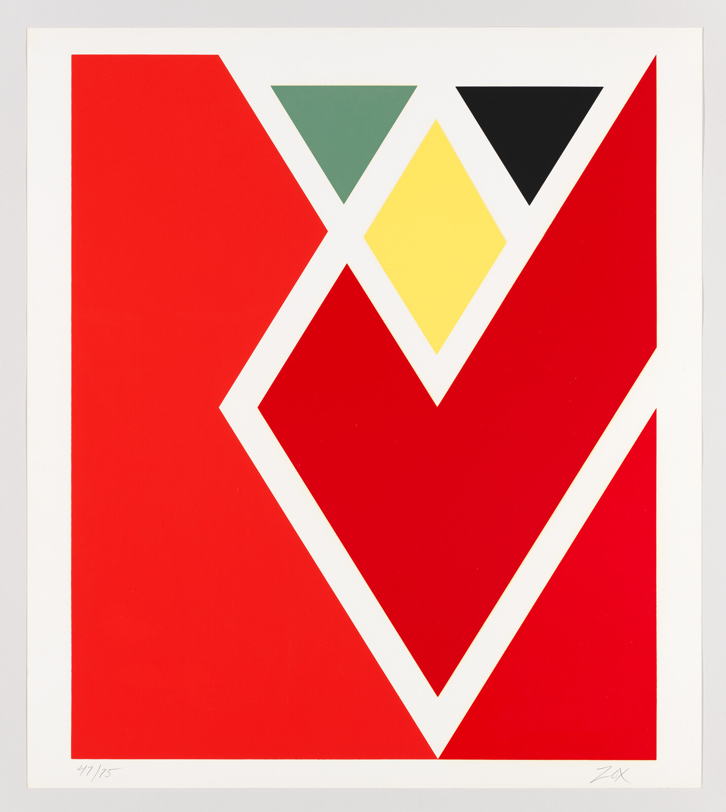 Bold red geometric heart shape with white outline and small green, yellow, and black shapes above.