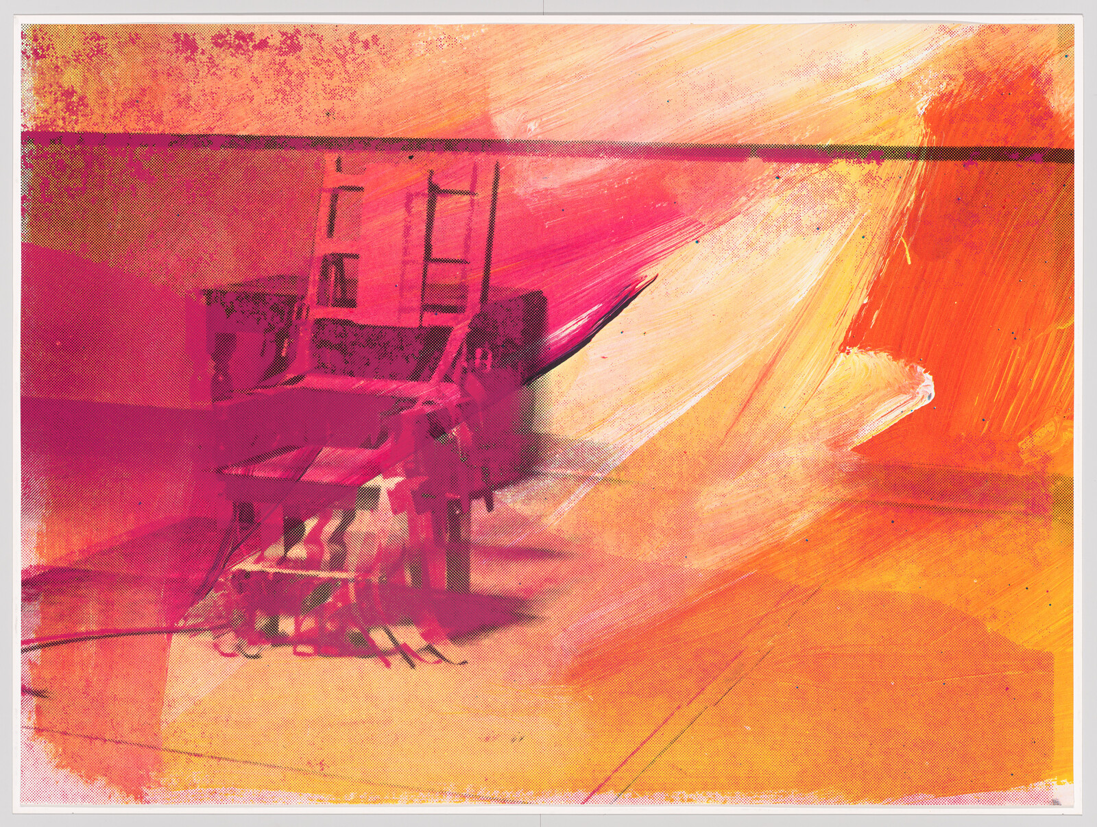 A pink chair and ladder-like structure amid bold orange and yellow paint strokes.