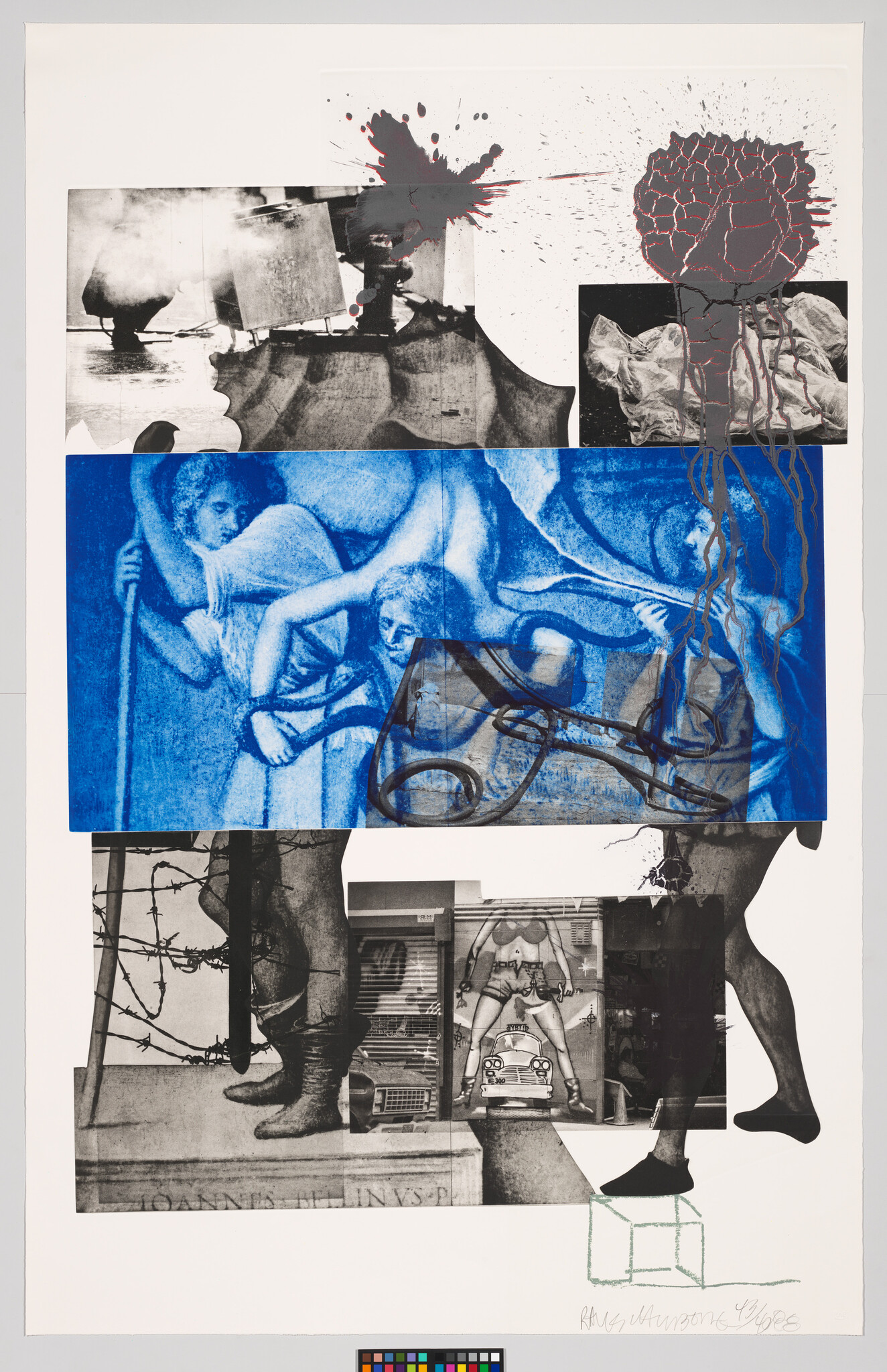 Collage mixing blue classical figures with black-and-white photos, splattered ink, and booted legs.