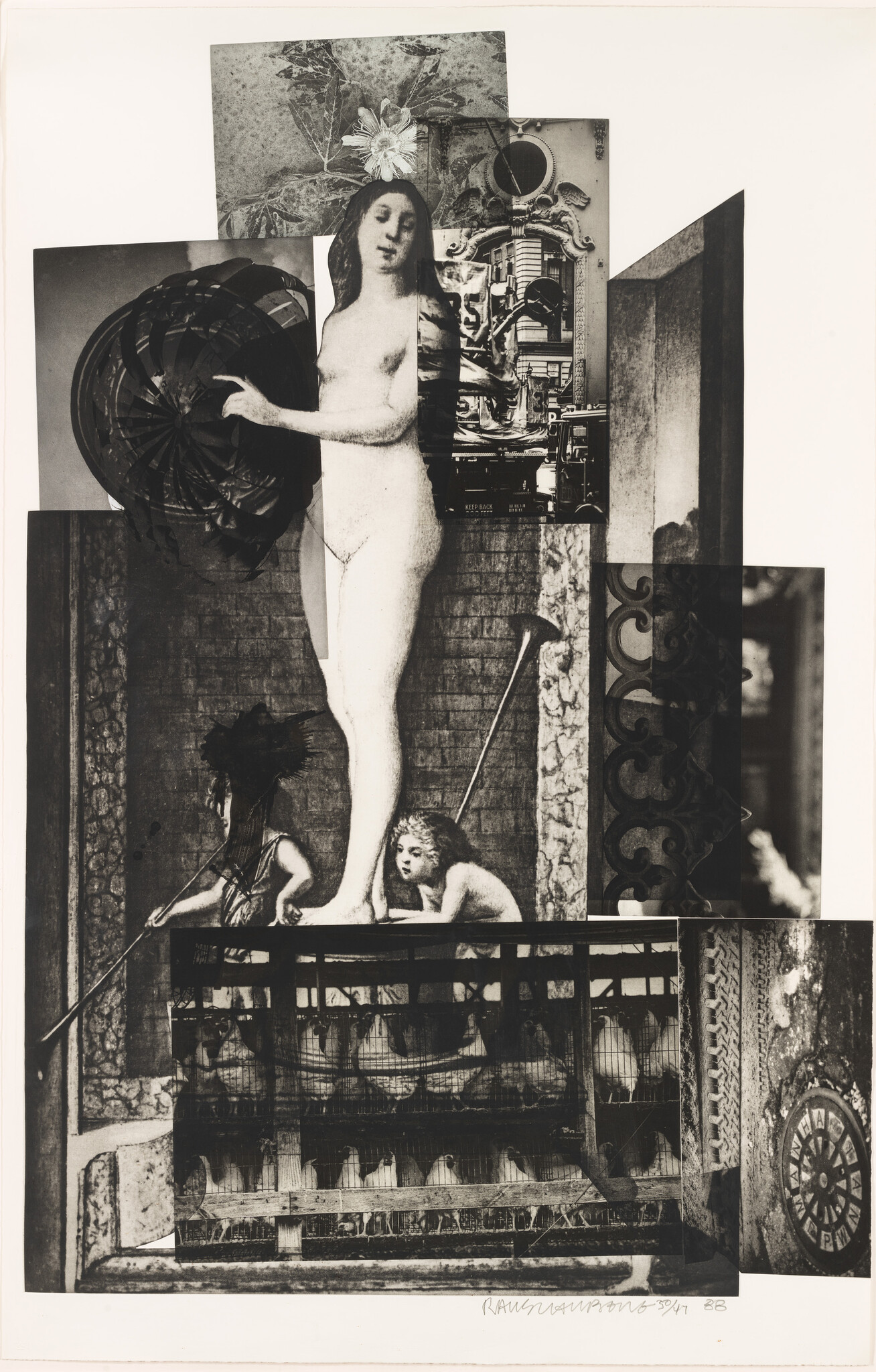 A tall nude classical figure in a layered collage reaches toward a circular object above a birdcage.