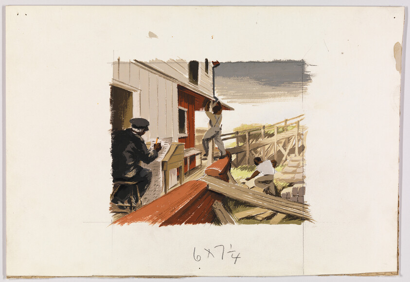 Three workers repair a wooden dock and building while one man sketches nearby.