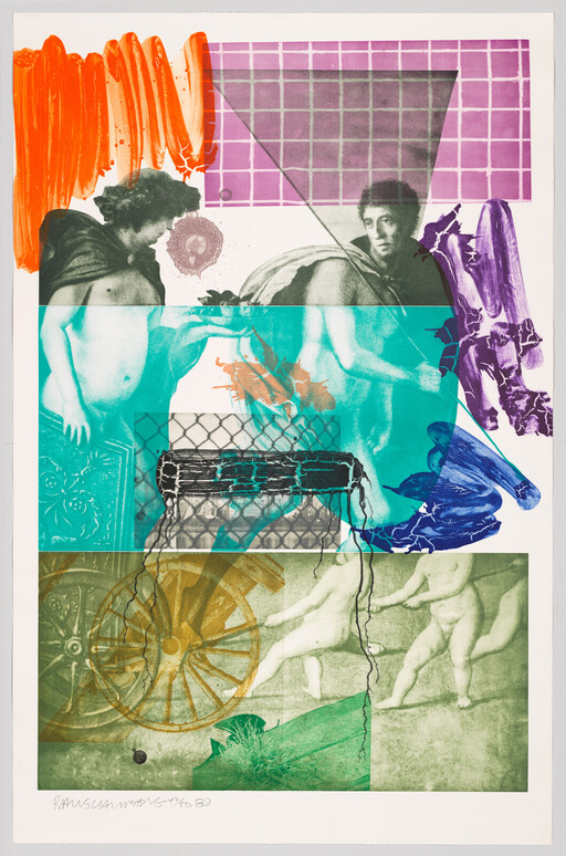 Colorful collage combining classical figures, bold brushstrokes, grid patterns, and a wagon wheel across panels.