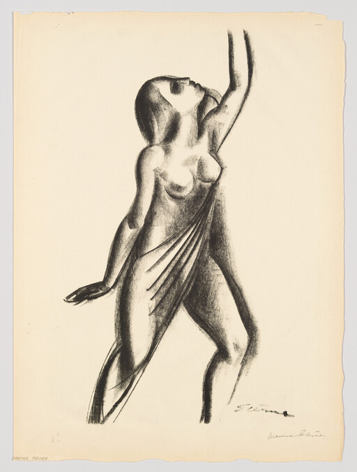 Charcoal drawing shows a nude woman dancing and reaching upward with a cloth draped around her waist.