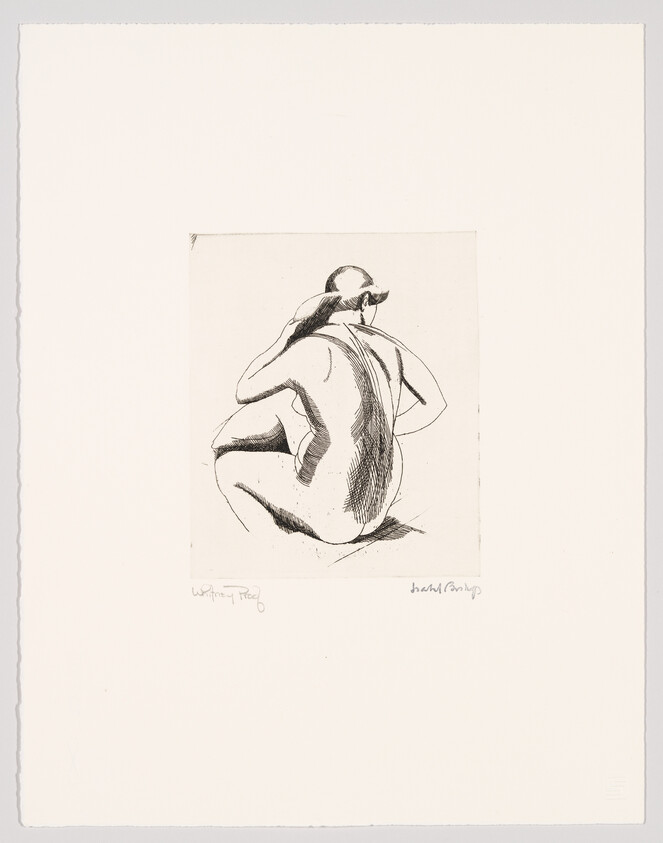 A simple ink sketch of a seated nude woman from the back with one arm resting on her knee.