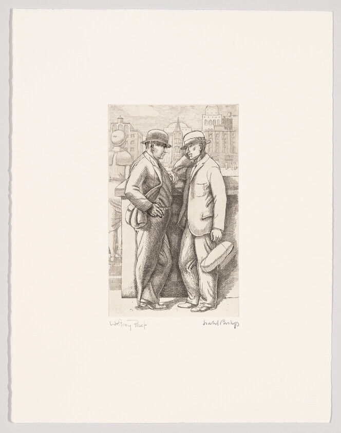 Two men lean against a railing in conversation, one holding his hat beside him.