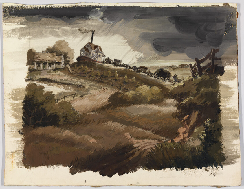 A farmhouse on a hill with smoke rising and storm clouds gathering over a winding dirt road.