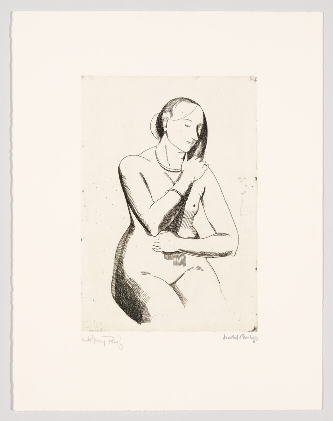 Seated nude woman gently touching her shoulder with one hand and resting the other across her chest.