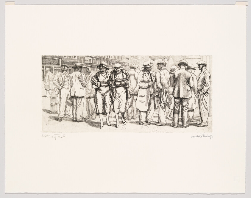 A crowded city street scene with two women linking arms walking past a group of standing men.