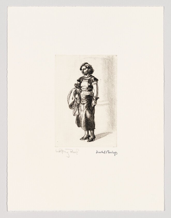 A woman in a dress stands holding a coat and looking slightly downward.