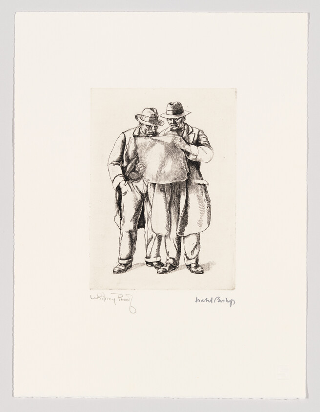 Two men in hats and coats stand closely together studying a large folded paper.