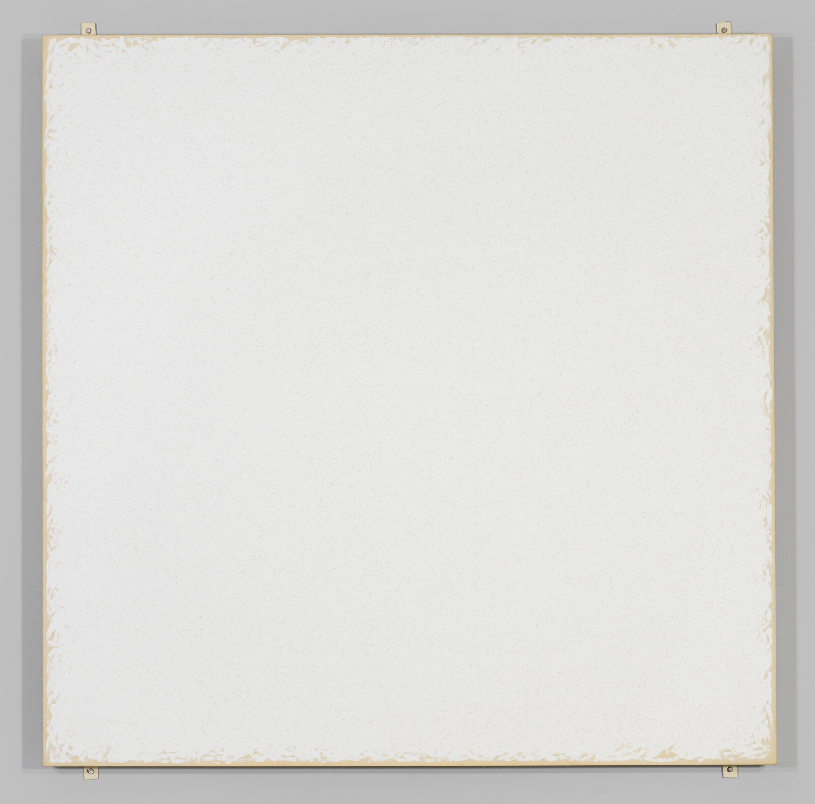 A large, square, white canvas with subtle texture and faint beige edges.