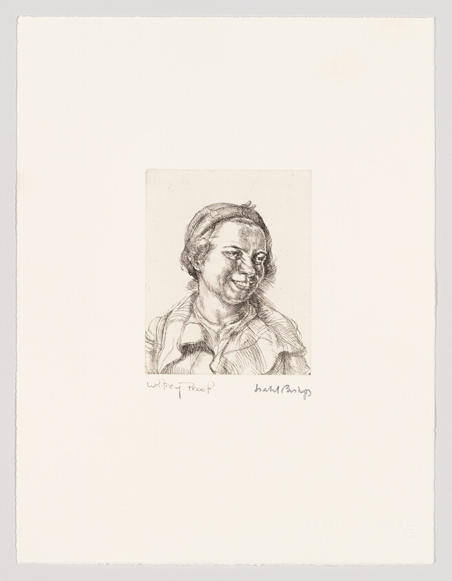 A lightly etched portrait of a smiling woman wearing a headscarf and looking to the side.